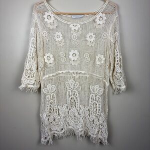 Solitaire Cream floral embroidered bohemian cottage festival Crochet Lace Tunic